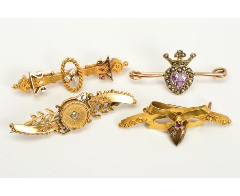 FOUR LATE VICTORIAN TO EARLY 20TH CENTURY GOLD BAR BROOCHES, various designs to include a seed pearl crowned amethyst herat, 
