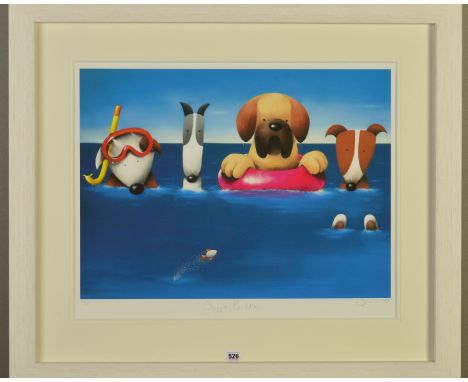 DOUG HYDE (BRITISH 1972) 'DOGGIE PADDLE' a limited edition print of four dogs in the sea 244/395, signed and titled in pencil