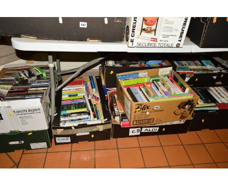 TEN BOXES OF BOOKS, CD'S AND DVD'S etc, to include modern fiction, spy novels, crime, thrillers 'Chick Lit' etc, cd's - opera