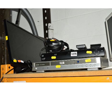 A BUSH 19'' LCD TV (without stand and with wall bracket) together with a Maxtek blu-ray disc player and a dvd player (two rem
