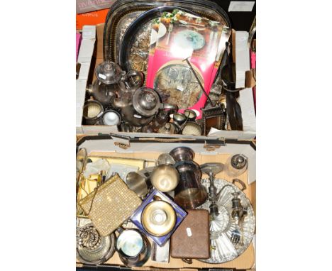 TWO BOXES OF SILVER PLATE etc, including a Kaiser bird cage clock, trays, table mats, goblets, vases, salt and pepper pots, s