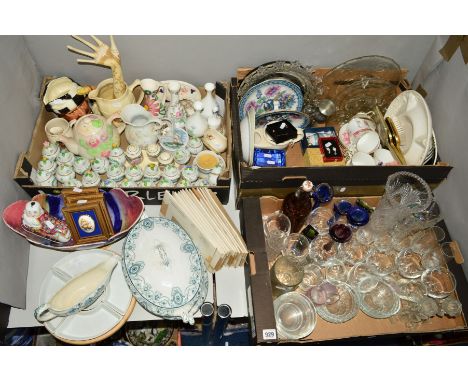 THREE BOXES AND LOOSE CERAMICS, GLASSWARE, PICTURES, COSTUME JEWELLERY ETC, to include twenty four Franklin Mint 'Cordon Bleu