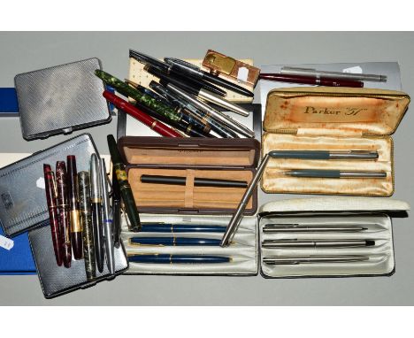A SMALL BOX OF PENS, to include three cased Parker sets, other Parker pens, Conway pens, Sheaffers etc, together with three c