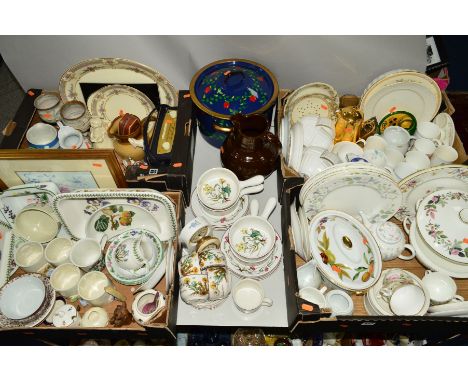 FOUR BOXES AND LOOSE TEA/DINNERWARES, PICTURES, ORNAMENTS ETC, to include Royal Worcester 'Warmstry', Portmeirion 'Botanic Ga