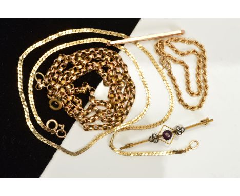 A MISCELLANEOUS JEWELLERY COLLECTIONS to include various chains (a/f), a safety pin brooch and an amethyst and seed pearl bar