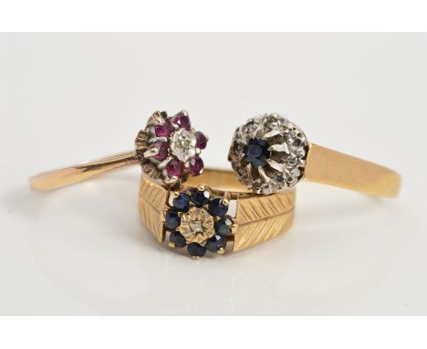 THREE 9CT GOLD GEM CLUSTER RINGS, the first designed as a central single cut diamond in an illusion setting within a circular