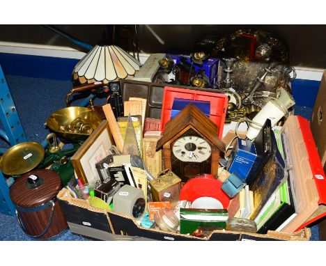 TWO BOXES AND LOOSE SUNDRY ITEMS, to include Tiffany style lamp, scales and weights, brass companion set, cribbage boards, co