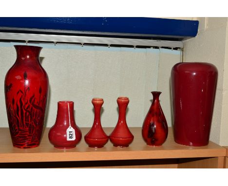 A SMALL GROUP OF RED GROUND ART POTTERY VASES, to include a small Burmantoft Faience vase, impressed BF and 189 to base, heig