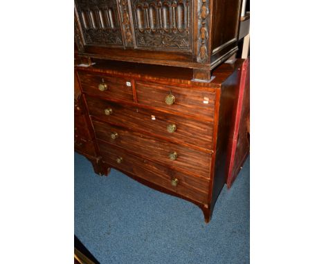 A GEORGIAN MAHOGANY CHEST OF TWO SHORT AND THREE LONG GRADUATED DRAWERS with moulded brass circular handles on splayed bracke