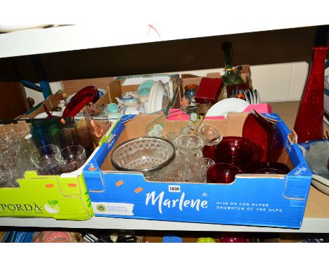 FIVE BOXES AND LOOSE OF CERAMICS AND GLASSWARE, including coloured and clear drinking glasses, Poole teawares, etc