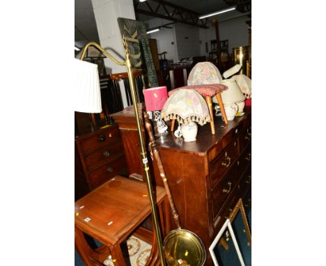 A COLLECTION OF VARIOUS TABLE LAMPS, together with a brass standard lamp, a beech stool, two mirrors and a brass warming pan 