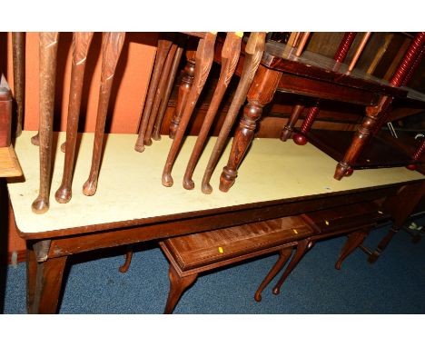 AN EARLY 20TH CENTURY PITCH PINE HALL TABLE with a later added formica top, width 207cm x depth 46cm x height 70cm, an Edward