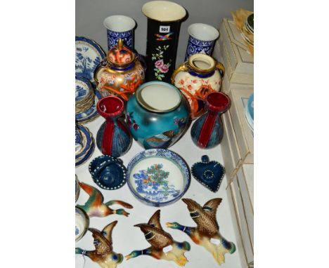 A GROUP OF CERAMICS to include Wood &amp; Sons 'Kylin' cylinder vases, Foley faience jars, Burleigh ware vase decorated with 