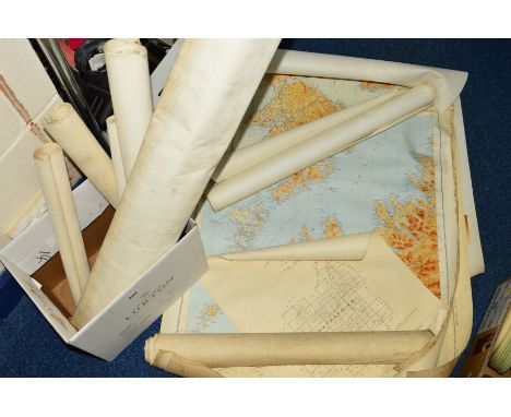 A BOX OF ROLLED ORDNANCE SURVEY MAPS AND COUNTY INDEX MAPS, includes Staffordshire villages and towns and other Midlands Coun