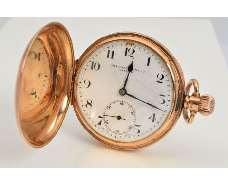 A 9CT GOLD FATTORINI &amp; SONS FULL HUNTER POCKET WATCH, case measuring approximately 50mm, white enamel dial with seconds s