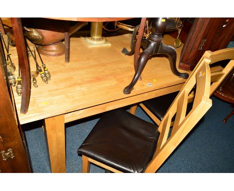 A MODERN BEECH EXTENDING DINING TABLE, width 156cm x depth 90cm x height 75cm and four ladder back chairs (5)