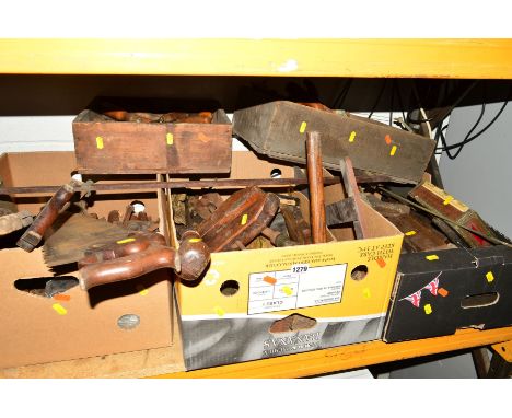 THREE BOXES AND TWO WOODEN CRATES containing various vintage hand tools, to include chisels, saws, clamps, etc