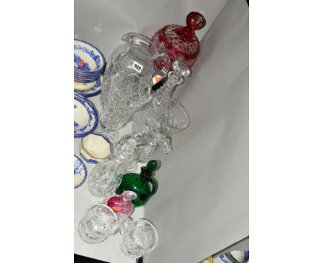 A COLLECTION OF CUT GLASS etc to include ruby flash cut lidded bon bon dish over a slice cut stem and star cut foot, Waterfor