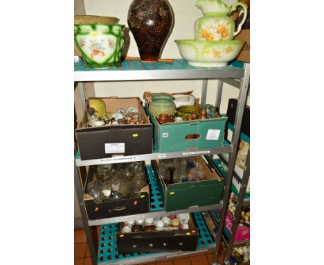 FIVE BOXES AND LOOSE CERAMICS AND GLASSWARES, etc, to include Adrian Sankey glass vase, Bourne Denby salt glazed bottle, impr