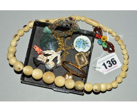 A SELECTION OF MAINLY EARLY TO MID CENTURY JEWELLERY, to include a circular enamel pendant depicting a bunch of flowers, a gr