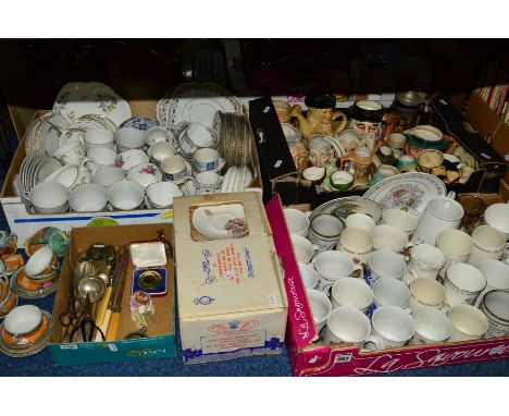 FOUR BOXES AND LOOSE CERAMICS, SUNDRY ITEMS etc, to include boxed Royal commemorative teapot, various toby/character jugs/tea