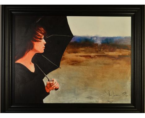 IGOR SHULMAN (RUSSIAN CONTEMPORARY),  A PORTRAIT OF A FEMALE FIGURE HOLDING AN UMBRELLA, signed lower right, oil on board, fr