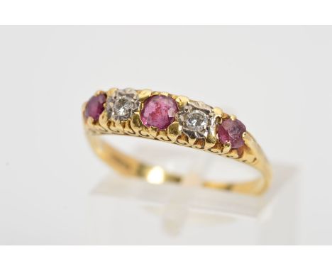 A MODERN 18CT GOLD RUBY AND DIAMOND HALF HOOP RING, scroll detail sides, ring size O, hallmarked 18ct gold, approximate gross