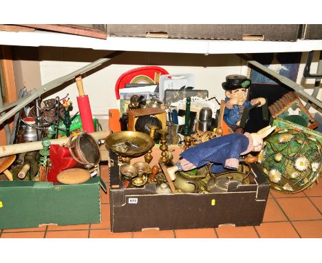 THREE BOXES AND LOOSE SUNDRY ITEMS etc, to include brass candlesticks, gilt picture frames, the Acme Thunderer Whistle, vinta