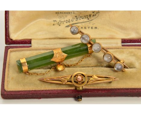THREE LATE 19TH TO EARLY 20TH CENTURY BROOCHES, the first a line of five moonstones cabochons within collet settings, the sec