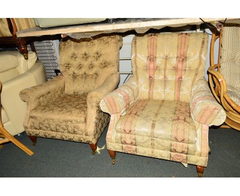 A PAIR OF REPRODUCTION UNMATCHED UPHOLSTERED BUTTON BACK ARMCHAIRS (meets fire and safety regulations, it appears fire label 