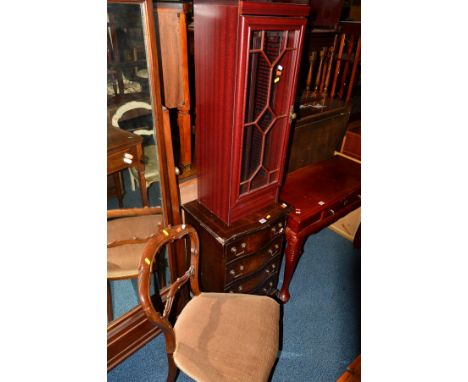 A SMALL MAHOGANY CHEST OF FOUR DRAWERS, together with a mahogany two door cupboard, two Victorian chairs, CD cupboard, walnut