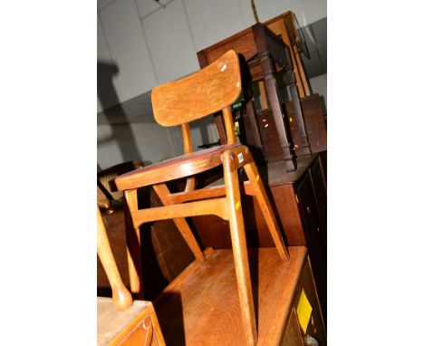 AN EARLY 20TH CENTURY PINE AND MAHOGANY SIDE TABLE, together with a beech school chair, a formica drop leaf table and a wroug