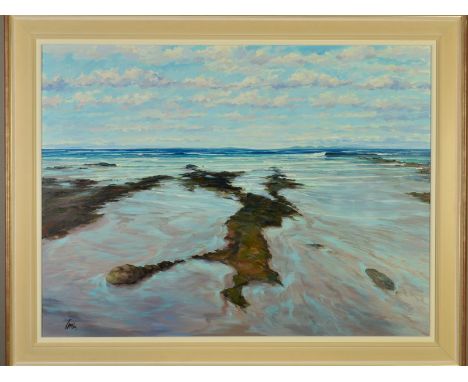 TOM BARRON (BRITISH CONTEMPORARY) 'ROCKS AT SHORE, MACHRIHANISH', a coastal seascape in Scotland, signed bottom left, titled 