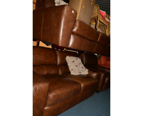 A BROWN LEATHER FOUR LOUNGE SUITE, comprising of a three seater settee, two seater settee, armchair and a pouffe