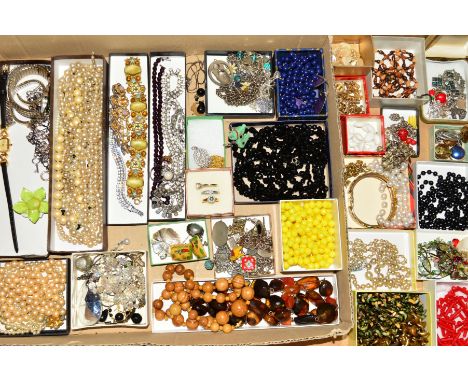 A BOX OF COSTUME JEWELLERY, to include beaded necklaces, charm bracelets, earrings, bracelets, a lady's Rotary wrist watch et