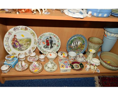 A GROUP OF CERAMICS, to include miniature Royal Worcester basket, Royal Crown Derby loving cup (seconds), Belleek bud vase, P