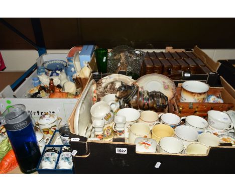 THREE BOXES AND LOOSE SUNDRY ITEMS, to include Royal Commemorative wares, Royal Worcester egg coddlers, Carlton Ware mushroom