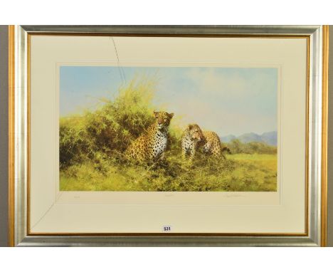 DAVID SHEPHERD (1931-2017) 'LEOPARDS', a limited edition print 152/350, signed, titled and numbered in pencil, mounted, frame