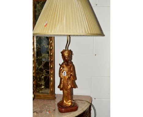 A DECORATIVE SPELTER FIGURAL LAMP OF A STANDING ORIENTAL LADY, with a separate shade