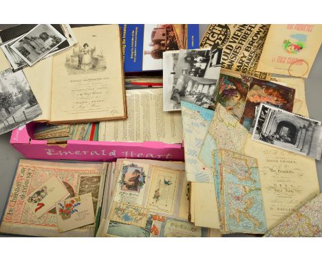 A LARGE COLLECTION OF EPHEMERA, consisting of scrapbook, postcards, music scores, Ordnance Survey maps, photographs, pictures