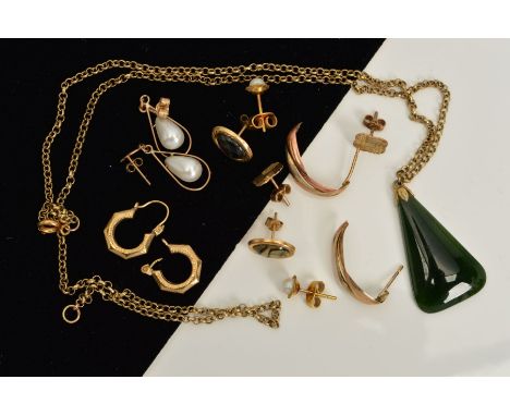 A MISCELLANEOUS COLLECTION OF EARRINGS to include simulated and cultured pearls, studs and drops, all assessed as 9ct gold, a