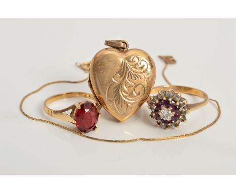 FOUR ITEMS OF JEWELLERY, to include a 9ct gold ruby and cubic zirconia cluster ring, ring size L, a 9ct gold heart shaped loc