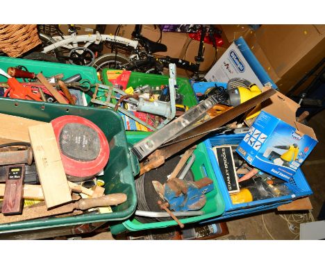 SIX PLASTIC BOXES OF VARIOUS HAND TOOLS AND MISCELLANEOUS, to include saws, vice, etc