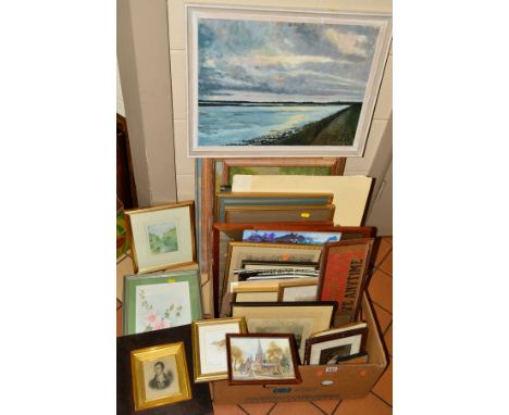 PAINTINGS AND PRINTS ETC, to include an estuary at dusk by John Richards, oil on card, together with a pair of watercolours b