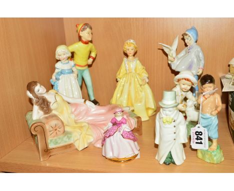 EIGHT ROYAL WORCESTER FIGURES, 'Burmah' No 3068, 'Budge' candlestuffer, 'Grandmothers Dress' No 3081, 'Fantails' No 3760, 'Sn