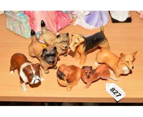 SEVEN BESWICK AND ROYAL DOULTON DOGS, to include Doulton 'Pekinese Seated' K6 and 'Chow (Shibu Ino)' K15 and Beswick Bulldog 