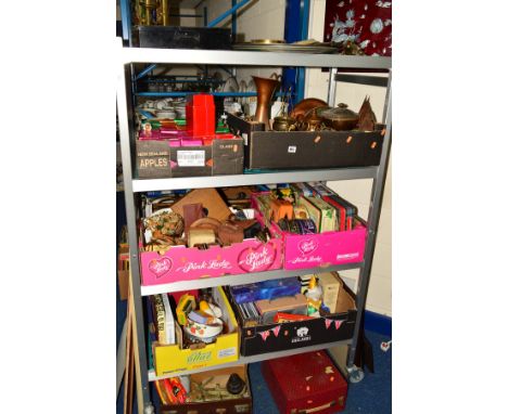 SIX BOXES, SUITCASE AND LOOSE SUNDRY ITEMS, to include pictures, tins, cameras, boxed Tetley Teafolk, brass and copper, table