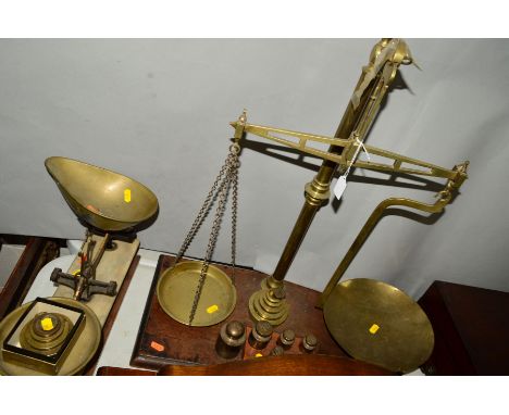 A SET OF LATE 19TH CENTURY PARNALL &amp; SONS, BRISTOL BRASS BALANCE SCALES with various weights, together with a W &amp; T A