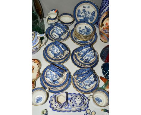 BOOTHS 'REAL OLD WILLOW' TEAWARES ETC, to include cups, saucers, side plates, milk, sugar, together with Delft milk, sugar an