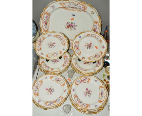 A 19TH CENTURY PORCELAIN PART DINNER SERVICE, to include plates, bowls and meat platter, inscribed to the base 'N3144', with 